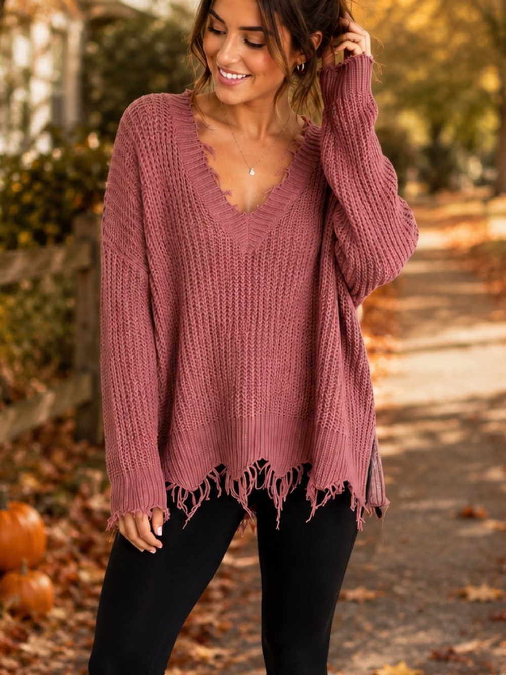Main Strip Dusty Rose Distressed Open Knit V-Neck Sweater L/XL